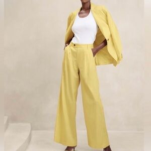 Banana Republic Yellow LINEN-BLEND WIDE-LEG PLEATED TROUSER Pants Sz 0